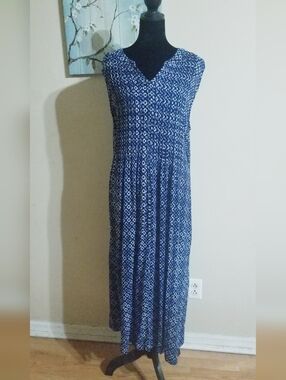 Woman Within Navy and White Printed V-Neck Maxi Dress